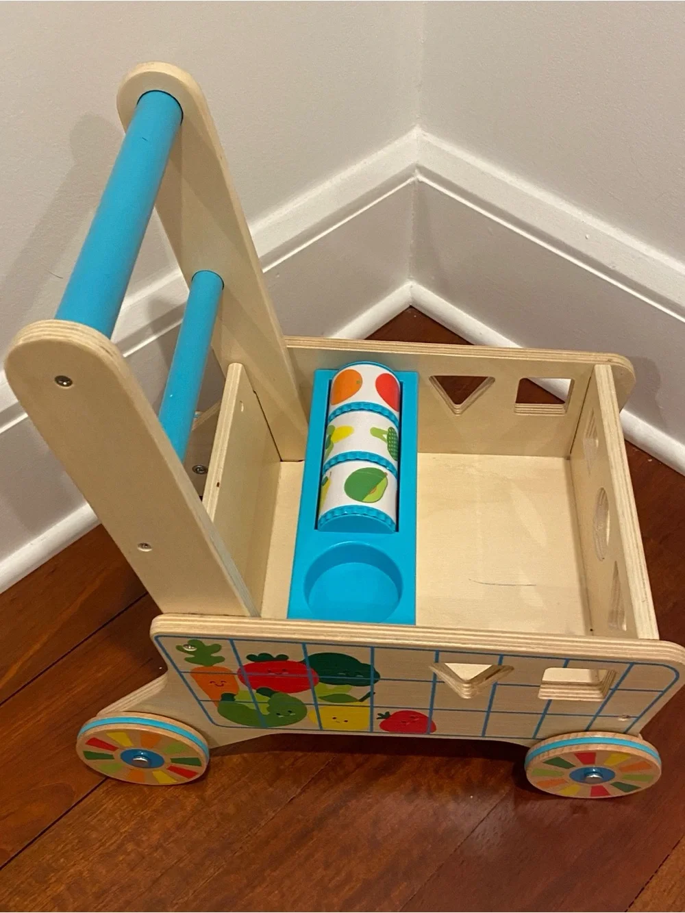 Wooden Melissa & Doug Push Shopping Cart Walker in Natural and Blue for Kids